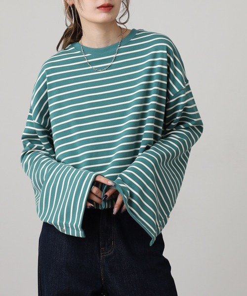 OMNES（オムネス）の「ミニ裏毛ボーダーオープンスリーブプルオーバーTシャツ（Tシャツ/カットソー・レディース・ネイビー/ピンク/グリーン・FREE）」の2枚目の写真