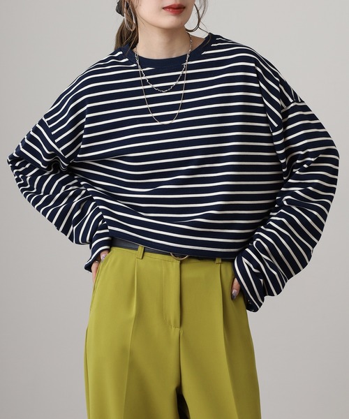 OMNES（オムネス）の「ミニ裏毛ボーダーオープンスリーブプルオーバーTシャツ（Tシャツ/カットソー・レディース・ネイビー/ピンク/グリーン・FREE）」の5枚目の写真