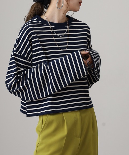 OMNES（オムネス）の「ミニ裏毛ボーダーオープンスリーブプルオーバーTシャツ（Tシャツ/カットソー・レディース・ネイビー/ピンク/グリーン・FREE）」の6枚目の写真