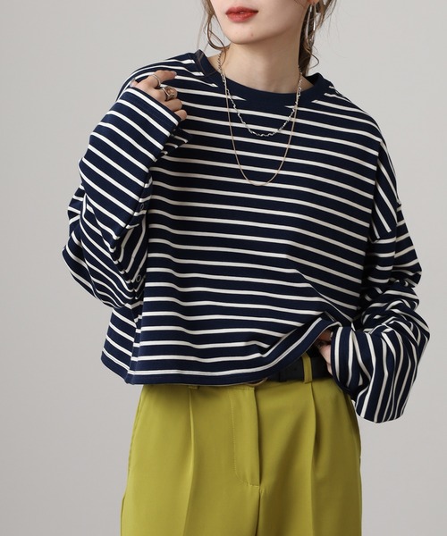 OMNES（オムネス）の「ミニ裏毛ボーダーオープンスリーブプルオーバーTシャツ（Tシャツ/カットソー・レディース・ネイビー/ピンク/グリーン・FREE）」の4枚目の写真