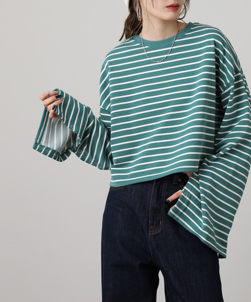 OMNES（オムネス）の「ミニ裏毛ボーダーオープンスリーブプルオーバーTシャツ（Tシャツ/カットソー・レディース・ネイビー/ピンク/グリーン・FREE）」の8枚目の写真