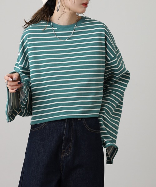 OMNES（オムネス）の「ミニ裏毛ボーダーオープンスリーブプルオーバーTシャツ（Tシャツ/カットソー・レディース・ネイビー/ピンク/グリーン・FREE）」の10枚目の写真