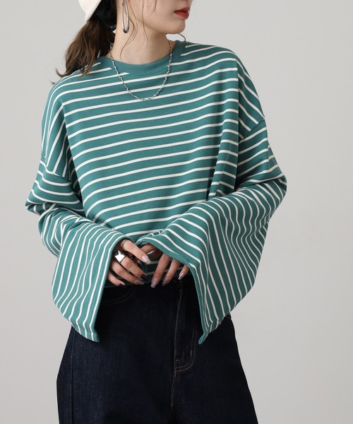 OMNES（オムネス）の「ミニ裏毛ボーダーオープンスリーブプルオーバーTシャツ（Tシャツ/カットソー・レディース・ネイビー/ピンク/グリーン・FREE）」の9枚目の写真
