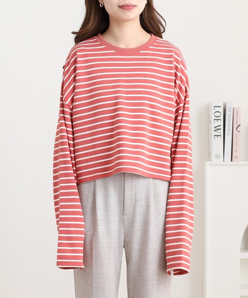 OMNES（オムネス）の「ミニ裏毛ボーダーオープンスリーブプルオーバーTシャツ（Tシャツ/カットソー・レディース・ネイビー/ピンク/グリーン・FREE）」の18枚目の写真