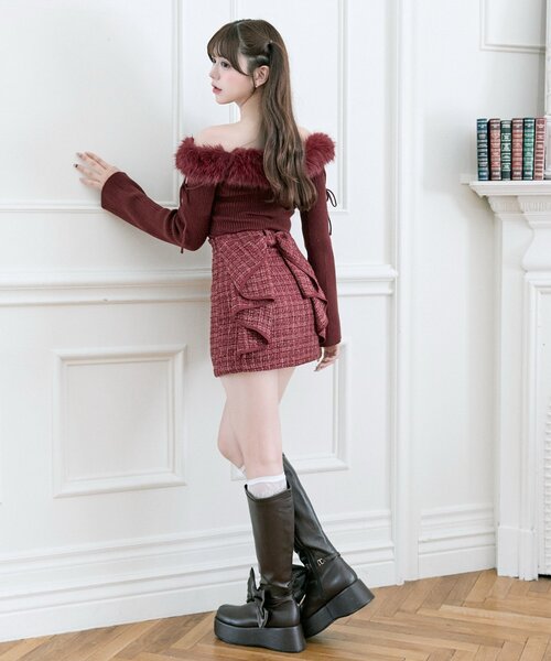 OLIVE des OLIVE（オリーブデオリーブ）の「【Belle Charme】リボンリボンファーオフショルニット（ニット/セーター・レディース・レッド/ブラック/オフホワイト・FREE）」の13枚目の写真