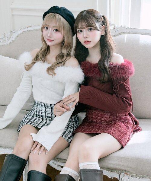 OLIVE des OLIVE（オリーブデオリーブ）の「【Belle Charme】リボンリボンファーオフショルニット（ニット/セーター・レディース・レッド/ブラック/オフホワイト・FREE）」の16枚目の写真