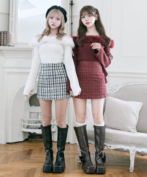 OLIVE des OLIVE（オリーブデオリーブ）の「【Belle Charme】リボンリボンファーオフショルニット（ニット/セーター・レディース・レッド/ブラック/オフホワイト・FREE）」の18枚目の写真