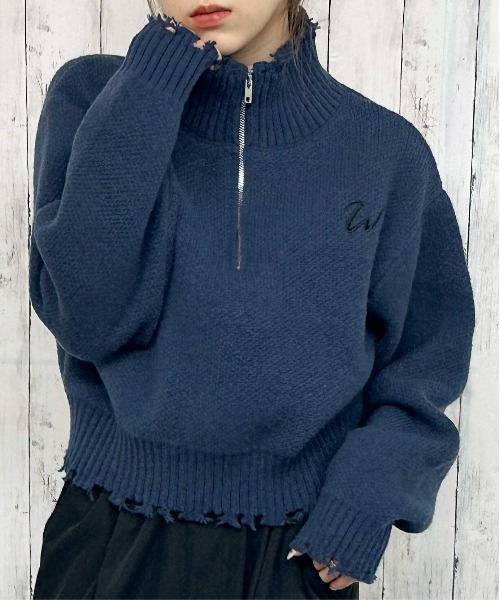 GORGE（ゴージ）の「《ダメージ×ハーフジップ》レディース ニットプルオーバー ショート丈 秋冬（ニット/セーター・レディース・アイボリー/ネイビー/ボルドー・F）」の2枚目の写真