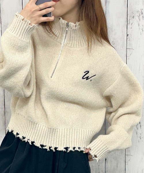 セール】《ダメージ×ハーフジップ》レディース ニットプルオーバー