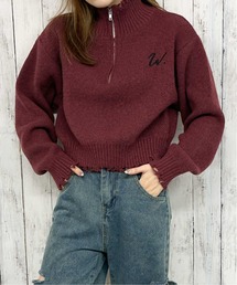 《ダメージ×ハーフジップ》レディース ニットプルオーバー ショート丈 秋冬