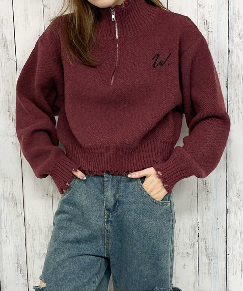 GORGE（ゴージ）の「《ダメージ×ハーフジップ》レディース ニットプルオーバー ショート丈 秋冬（ニット/セーター・レディース・アイボリー/ネイビー/ボルドー・F）」の3枚目の写真