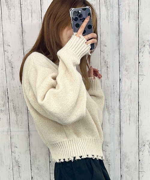 セール】《ダメージ×ハーフジップ》レディース ニットプルオーバー