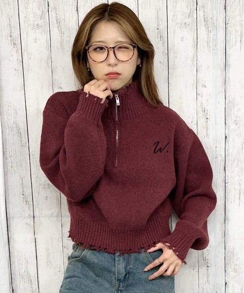 GORGE（ゴージ）の「《ダメージ×ハーフジップ》レディース ニットプルオーバー ショート丈 秋冬（ニット/セーター・レディース・アイボリー/ネイビー/ボルドー・F）」の7枚目の写真