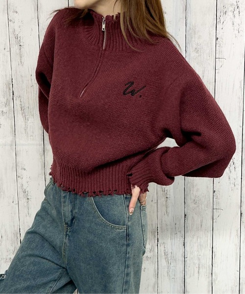 GORGE（ゴージ）の「《ダメージ×ハーフジップ》レディース ニットプルオーバー ショート丈 秋冬（ニット/セーター・レディース・アイボリー/ネイビー/ボルドー・F）」の8枚目の写真