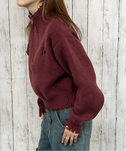 GORGE（ゴージ）の「《ダメージ×ハーフジップ》レディース ニットプルオーバー ショート丈 秋冬（ニット/セーター・レディース・アイボリー/ネイビー/ボルドー・F）」の9枚目の写真