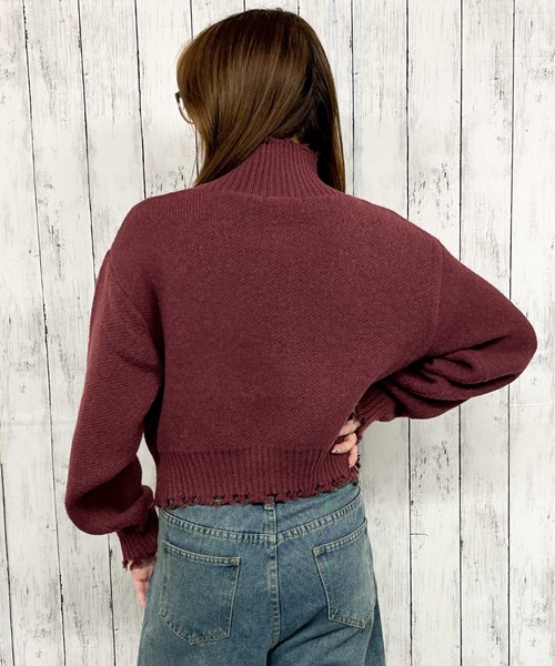 GORGE（ゴージ）の「《ダメージ×ハーフジップ》レディース ニットプルオーバー ショート丈 秋冬（ニット/セーター・レディース・アイボリー/ネイビー/ボルドー・F）」の10枚目の写真