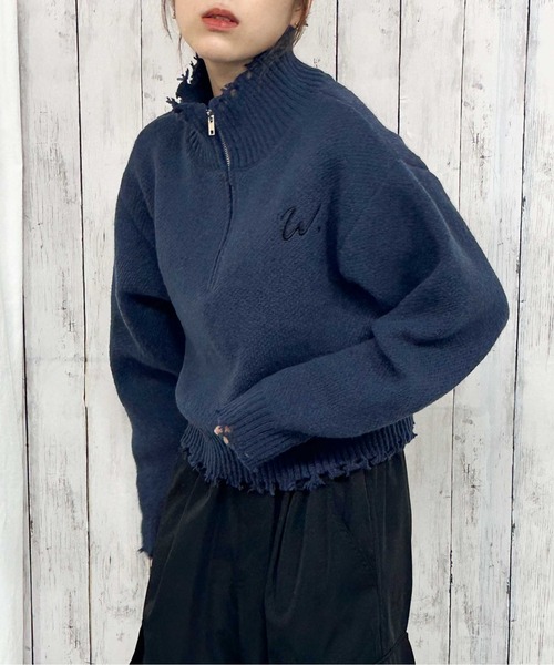 GORGE（ゴージ）の「《ダメージ×ハーフジップ》レディース ニットプルオーバー ショート丈 秋冬（ニット/セーター・レディース・アイボリー/ネイビー/ボルドー・F）」の12枚目の写真