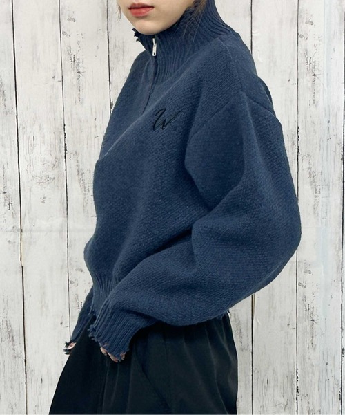 GORGE（ゴージ）の「《ダメージ×ハーフジップ》レディース ニットプルオーバー ショート丈 秋冬（ニット/セーター・レディース・アイボリー/ネイビー/ボルドー・F）」の13枚目の写真