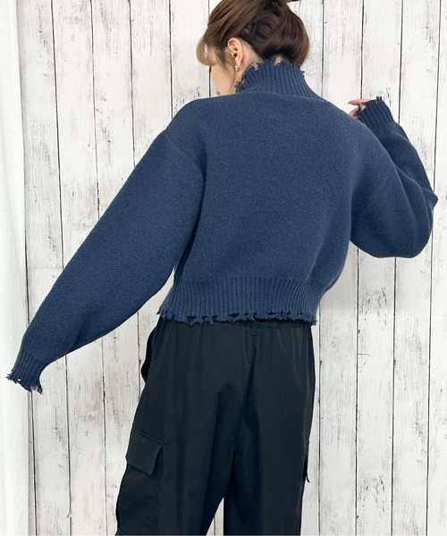 GORGE（ゴージ）の「《ダメージ×ハーフジップ》レディース ニットプルオーバー ショート丈 秋冬（ニット/セーター・レディース・アイボリー/ネイビー/ボルドー・F）」の14枚目の写真