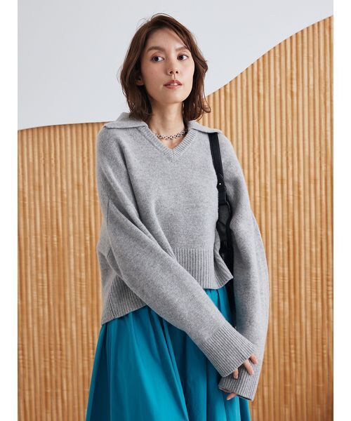 ウールカシミヤ衿付きVネックニット（ニット/セーター）｜Mila Owen