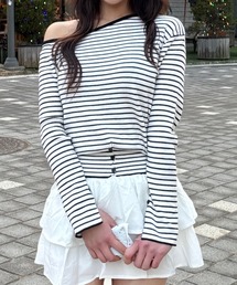 Vini | ストライプボーダー オフショルダー 長袖ニット(Tシャツ/カットソー)