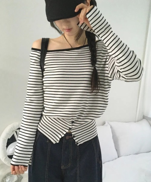 Vini（ヴィニ）の「ストライプボーダー オフショルダー 長袖ニット（Tシャツ/カットソー・レディース・ホワイト/グレー・LARGE）」の3枚目の写真