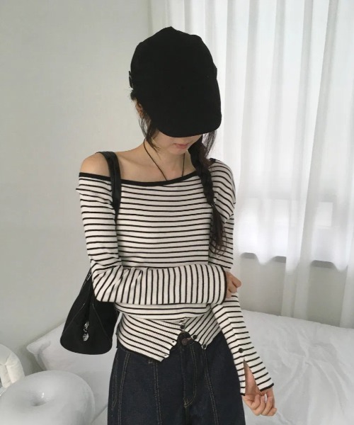 Vini（ヴィニ）の「ストライプボーダー オフショルダー 長袖ニット（Tシャツ/カットソー・レディース・ホワイト/グレー・LARGE）」の6枚目の写真