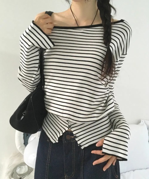 Vini（ヴィニ）の「ストライプボーダー オフショルダー 長袖ニット（Tシャツ/カットソー・レディース・ホワイト/グレー・LARGE）」の7枚目の写真