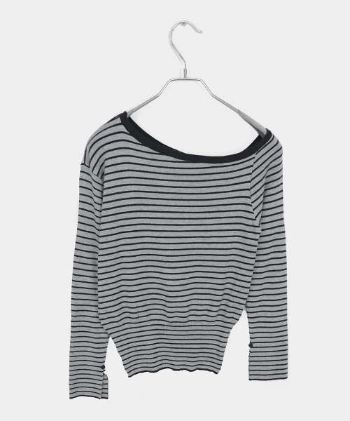 Vini（ヴィニ）の「ストライプボーダー オフショルダー 長袖ニット（Tシャツ/カットソー・レディース・ホワイト/グレー・LARGE）」の15枚目の写真