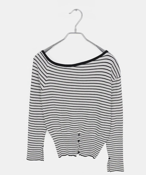 Vini（ヴィニ）の「ストライプボーダー オフショルダー 長袖ニット（Tシャツ/カットソー・レディース・ホワイト/グレー・LARGE）」の14枚目の写真