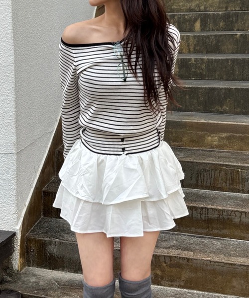 Vini（ヴィニ）の「ストライプボーダー オフショルダー 長袖ニット（Tシャツ/カットソー・レディース・ホワイト/グレー・LARGE）」の19枚目の写真