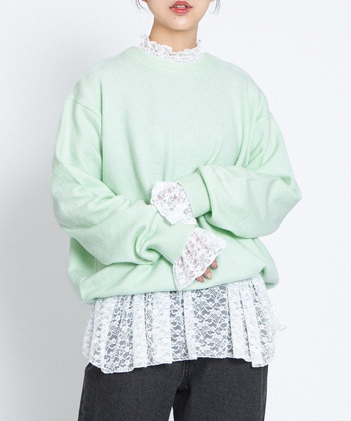 PUNYUS（プニュズ）の「クルーネックカラーニット（ニット/セーター・レディース・サックスブルー/ライトピンク/ブラック/グレー/グリーン/イエロー・1/2/3/4）」の3枚目の写真