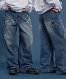 スターアップリケ刺繍デニムパンツミディアムブルー