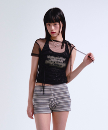 GLITTER SEE THROUGH ONE SHOULDER LAYERED TEE BLACK