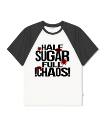 ハーフシュガーフルカオスプリントラグラン配色半袖Tシャツチャコール