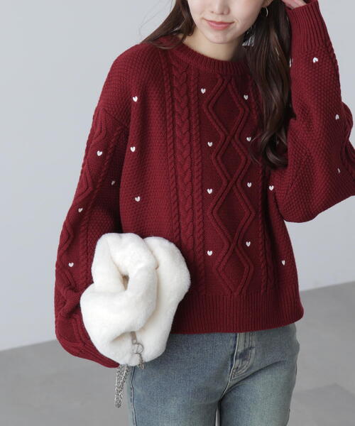 FREE'S MART(フリーズマート)の「◆ハート刺繍ケーブルニット(ニット/セーター・レディース・グレー/ホワイト/レッド・FREE)」の8枚目の写真