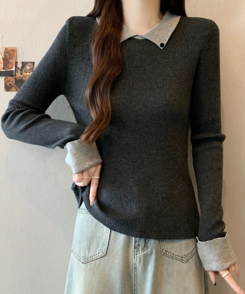 Diosfront(ディオスフロント)の「配色襟付きニットトップス(ニット/セーター・レディース・チャコールグレー/ネイビー/モカ・FREE)」の6枚目の写真