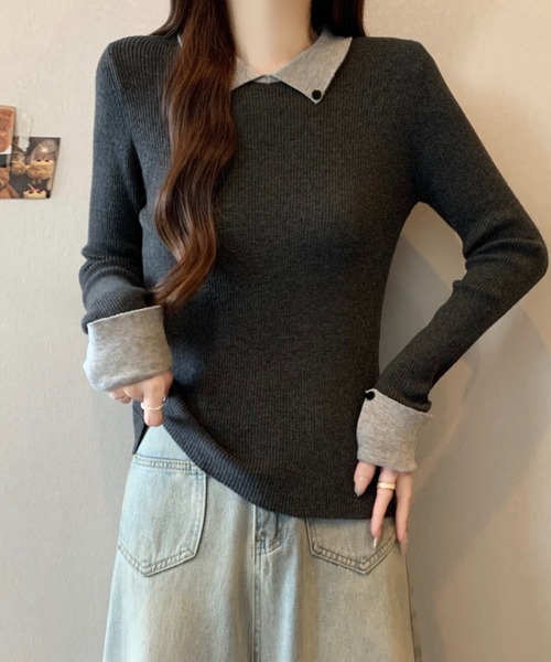 Diosfront(ディオスフロント)の「配色襟付きニットトップス(ニット/セーター・レディース・チャコールグレー/ネイビー/モカ・FREE)」の7枚目の写真