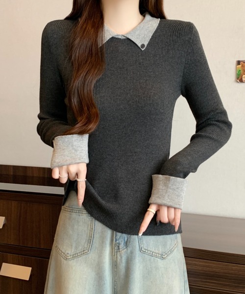 Diosfront(ディオスフロント)の「配色襟付きニットトップス(ニット/セーター・レディース・チャコールグレー/ネイビー/モカ・FREE)」の8枚目の写真