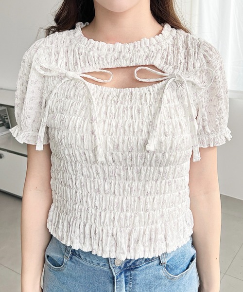 moment+(モーメントプラス)の「花柄プリントフロントオープンボレロデザイン半袖シャーリングトップス(Tシャツ/カットソー・レディース・ホワイト系その他/ブラック/ナチュラル・M)」の8枚目の写真