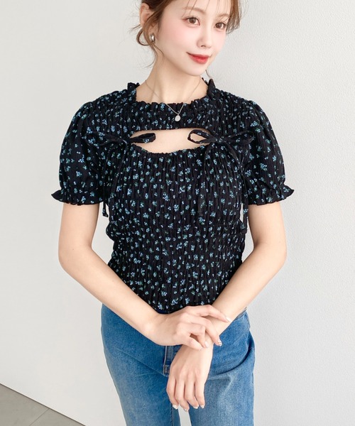 moment+(モーメントプラス)の「花柄プリントフロントオープンボレロデザイン半袖シャーリングトップス(Tシャツ/カットソー・レディース・ホワイト系その他/ブラック/ナチュラル・M)」の20枚目の写真