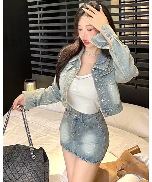 inst.ALL(インストール)の「ラインストーンデニムジャケット×ミニスカ風ショートパンツセット(セットアップ・レディース・サックスブルー・L/M/S)」の4枚目の写真