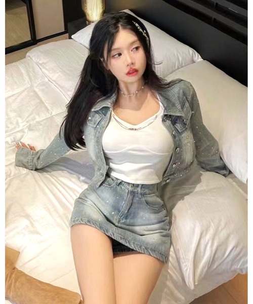 inst.ALL(インストール)の「ラインストーンデニムジャケット×ミニスカ風ショートパンツセット(セットアップ・レディース・サックスブルー・L/M/S)」の5枚目の写真