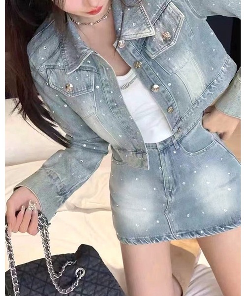 inst.ALL(インストール)の「ラインストーンデニムジャケット×ミニスカ風ショートパンツセット(セットアップ・レディース・サックスブルー・L/M/S)」の6枚目の写真