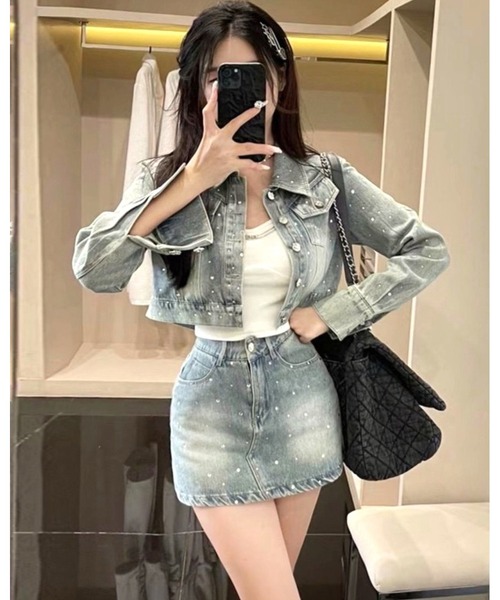 inst.ALL(インストール)の「ラインストーンデニムジャケット×ミニスカ風ショートパンツセット(セットアップ・レディース・サックスブルー・L/M/S)」の7枚目の写真