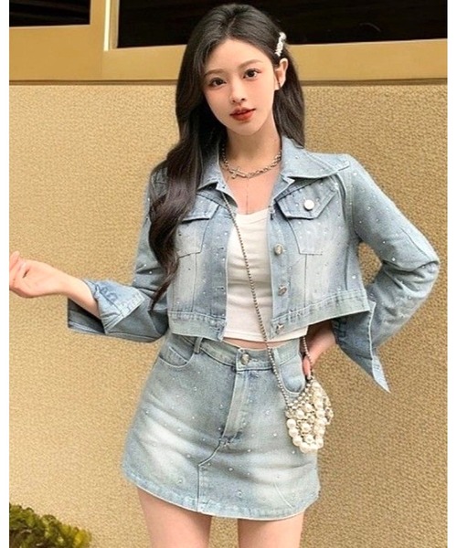 inst.ALL(インストール)の「ラインストーンデニムジャケット×ミニスカ風ショートパンツセット(セットアップ・レディース・サックスブルー・L/M/S)」の8枚目の写真