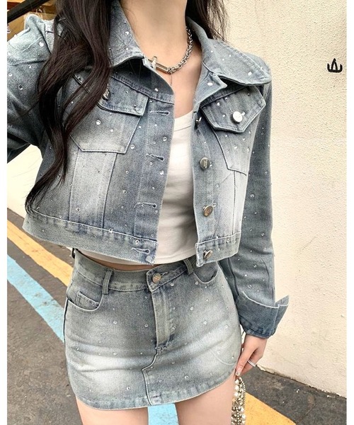 inst.ALL(インストール)の「ラインストーンデニムジャケット×ミニスカ風ショートパンツセット(セットアップ・レディース・サックスブルー・L/M/S)」の9枚目の写真
