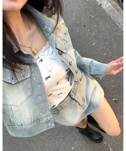 inst.ALL(インストール)の「ラインストーンデニムジャケット×ミニスカ風ショートパンツセット(セットアップ・レディース・サックスブルー・L/M/S)」の10枚目の写真