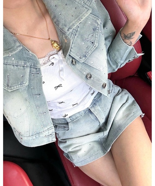 inst.ALL(インストール)の「ラインストーンデニムジャケット×ミニスカ風ショートパンツセット(セットアップ・レディース・サックスブルー・L/M/S)」の11枚目の写真