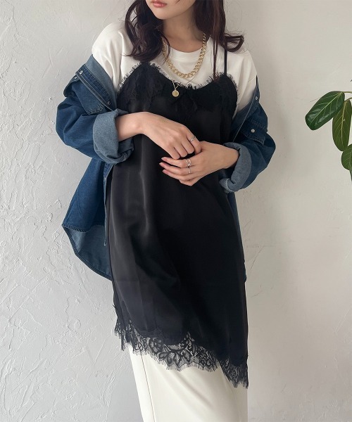 セール】サテンレースアシメロングキャミソール（キャミソール